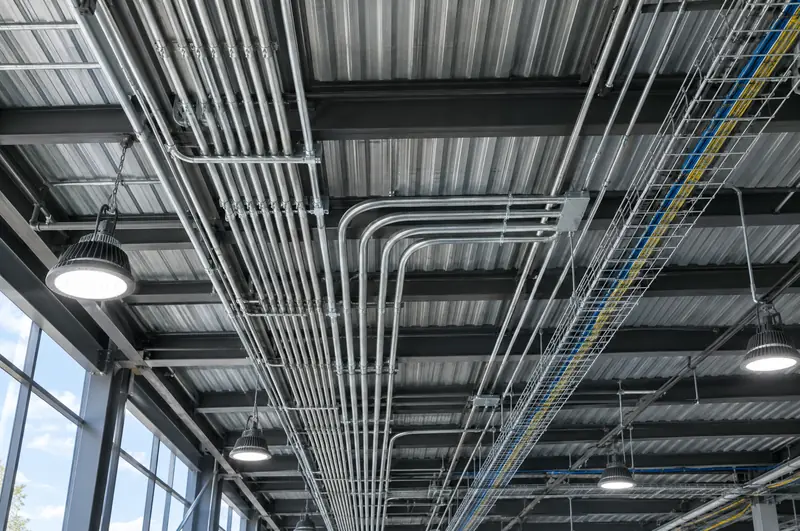 Conduit runs and lighting in a commercial ceiling