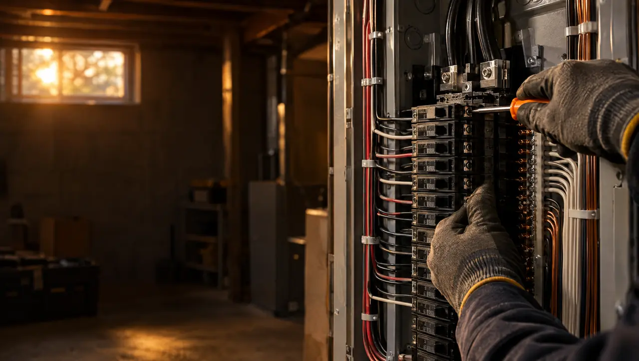 An electrician's gloved hands working in an open breaker panel