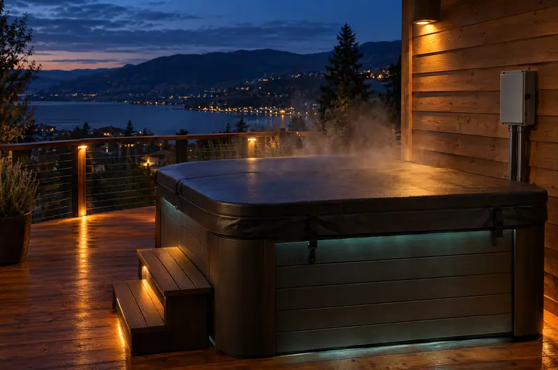 Hot tub on a lit deck at night with a disconnect box on the wall
