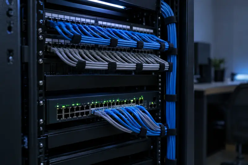 Network rack with neatly bundled data cables