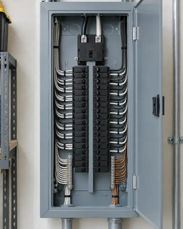 Open electrical panel with neatly dressed wiring
