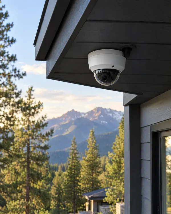 Dome security camera under the eave of a house