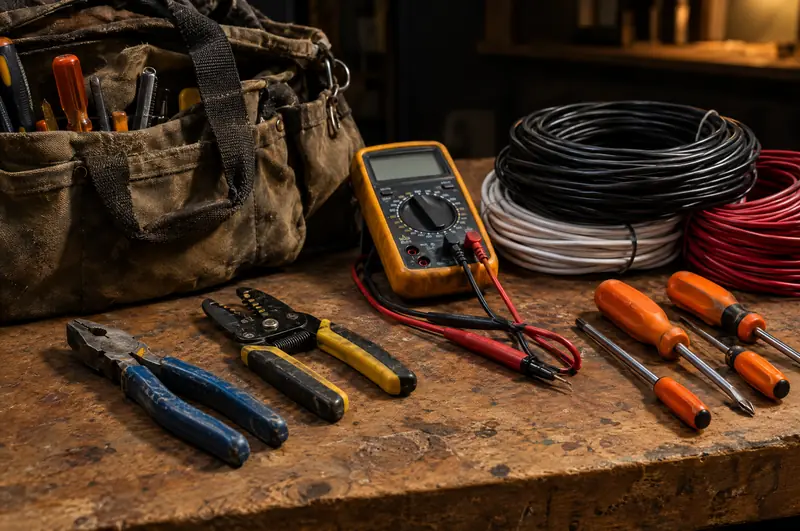 Electrician's tools and a multimeter on a workbench